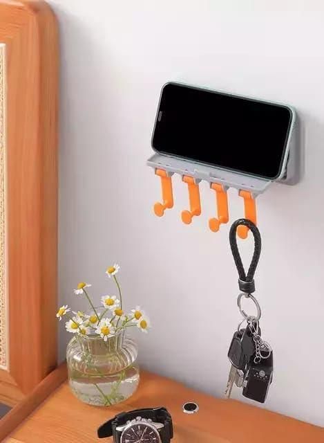 Wall Mounted Multipurpose Plastic Mobile Stand with 4 Hooks